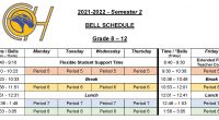 This is the new bell schedule starting January 31, 2022 for Semester 2.